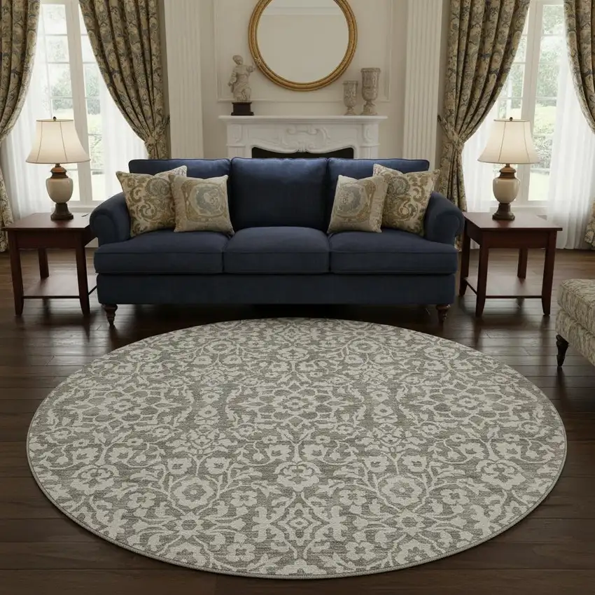 8' Taupe And Ivory Damask Washable Round Rug With UV Protection Photo 2