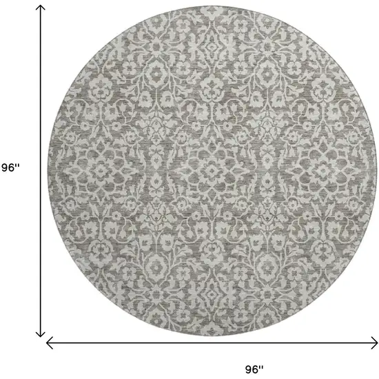 8' Taupe And Ivory Damask Washable Round Rug With UV Protection Photo 3