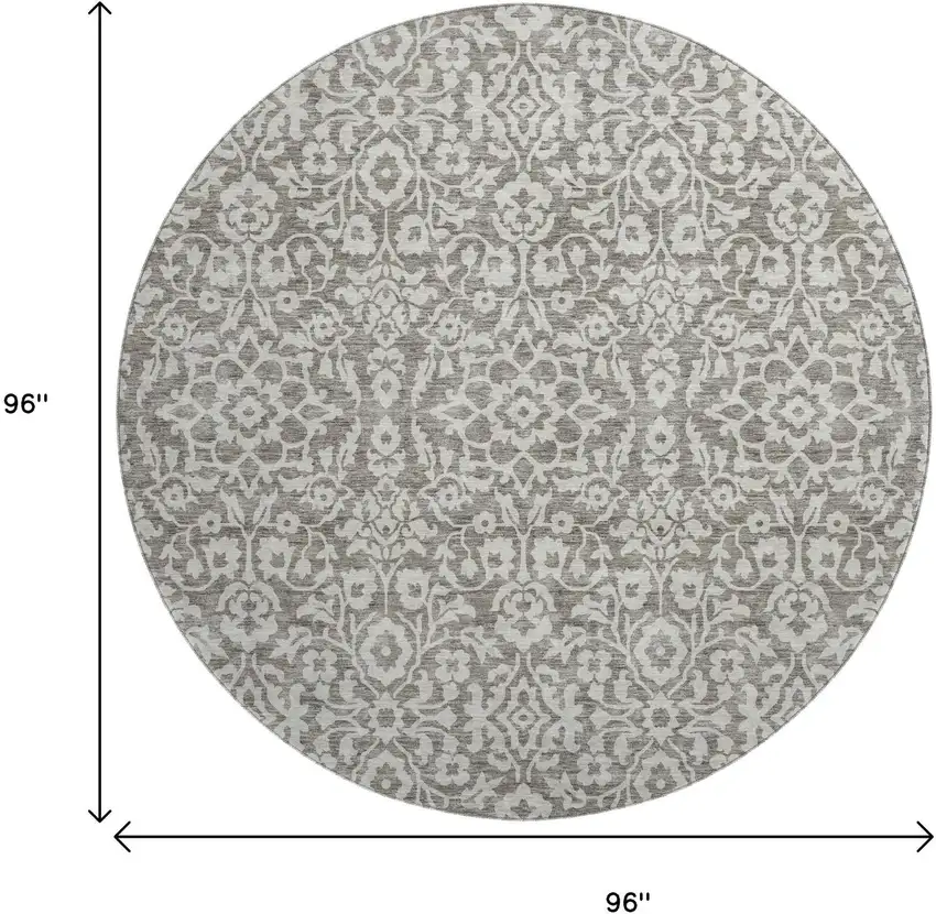 8' Taupe And Ivory Damask Washable Round Rug With UV Protection Photo 3