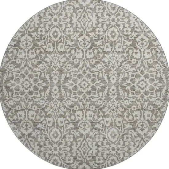 8' Taupe And Ivory Damask Washable Round Rug With UV Protection Photo 4