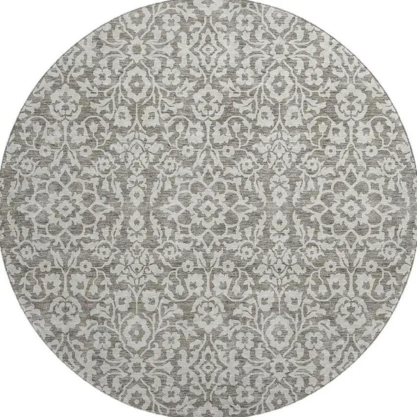 8' Taupe And Ivory Damask Washable Round Rug With UV Protection Photo 4