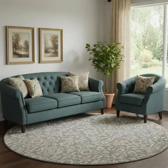 8' Taupe And Ivory Damask Washable Round Rug With UV Protection Photo 1