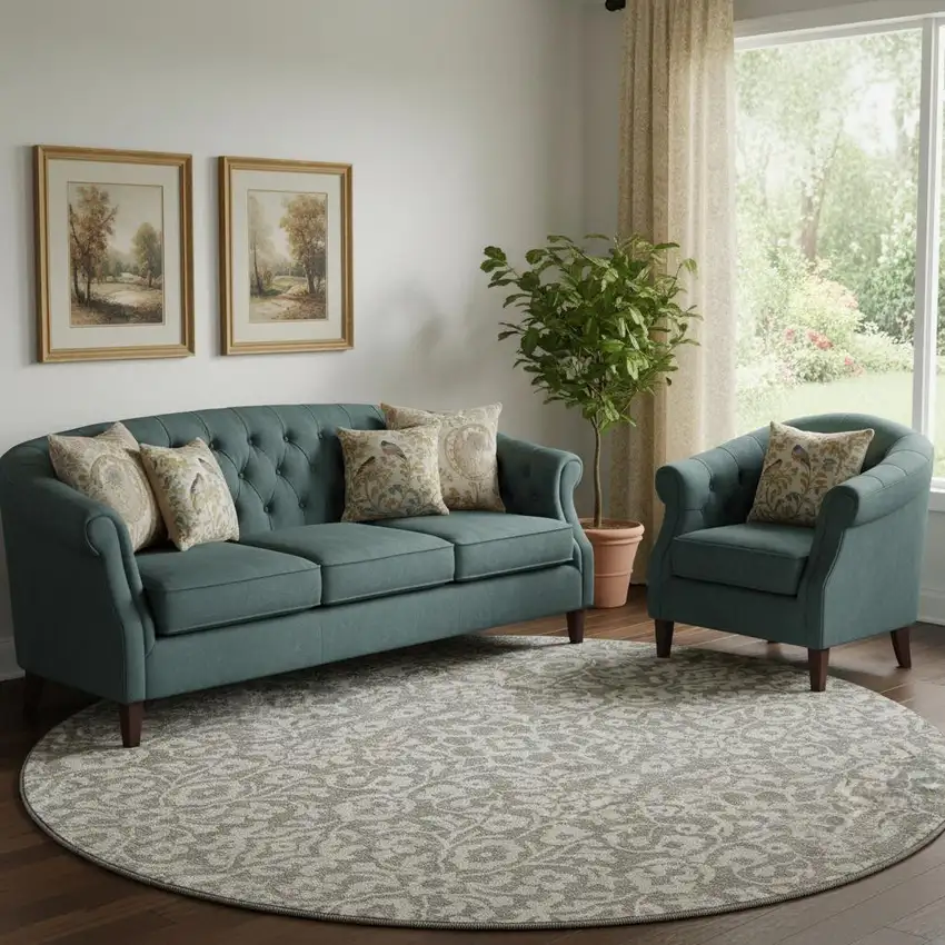 8' Taupe And Ivory Damask Washable Round Rug With UV Protection Photo 1