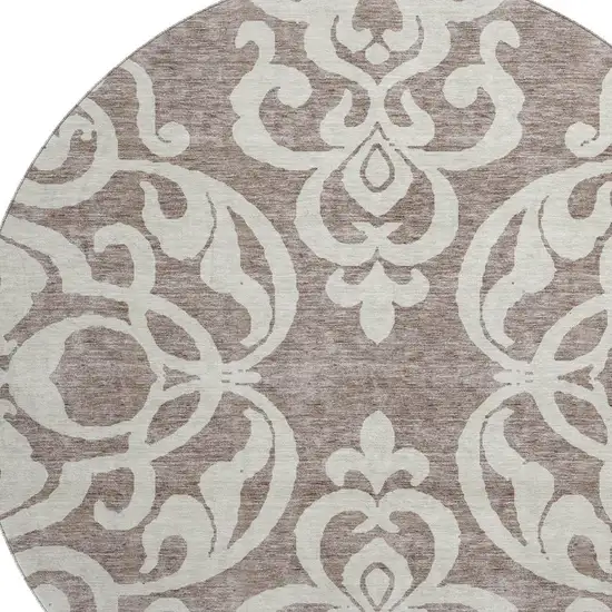 8' Taupe And Ivory Damask Washable Round Rug With UV Protection Photo 2