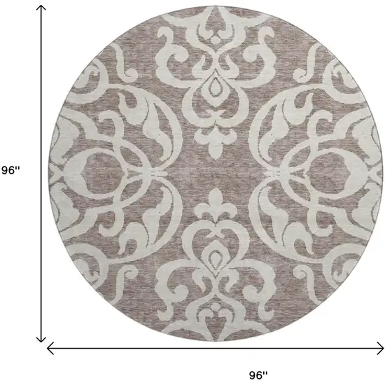 8' Taupe And Ivory Damask Washable Round Rug With UV Protection Photo 9