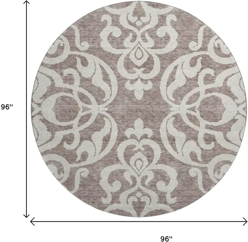 8' Taupe And Ivory Damask Washable Round Rug With UV Protection Photo 9