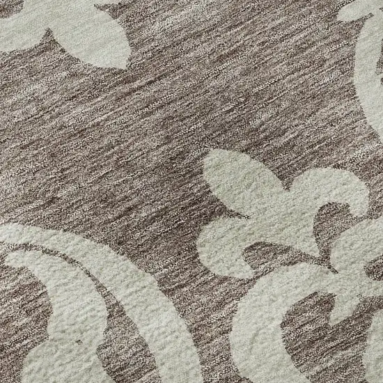 8' Taupe And Ivory Damask Washable Round Rug With UV Protection Photo 8