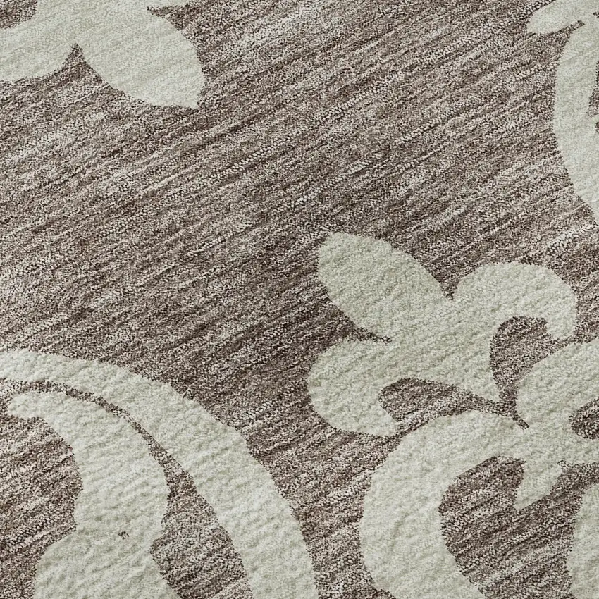 8' Taupe And Ivory Damask Washable Round Rug With UV Protection Photo 8