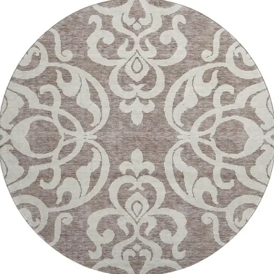 8' Taupe And Ivory Damask Washable Round Rug With UV Protection Photo 3