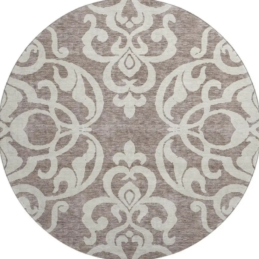 8' Taupe And Ivory Damask Washable Round Rug With UV Protection Photo 3