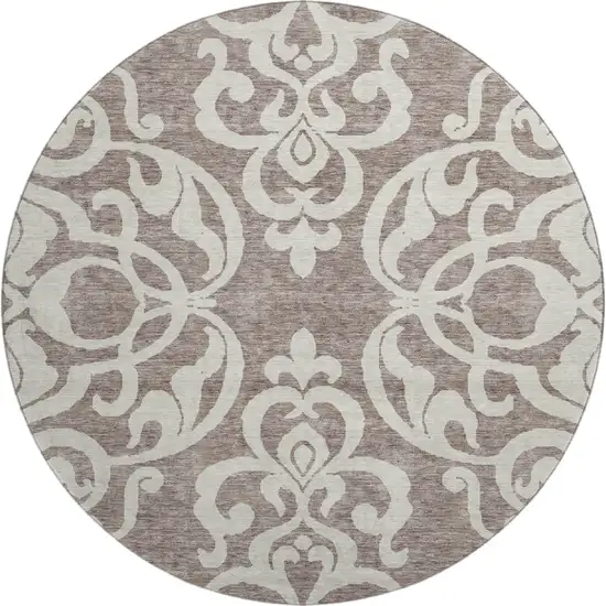 8' Taupe And Ivory Damask Washable Round Rug With UV Protection Photo 1