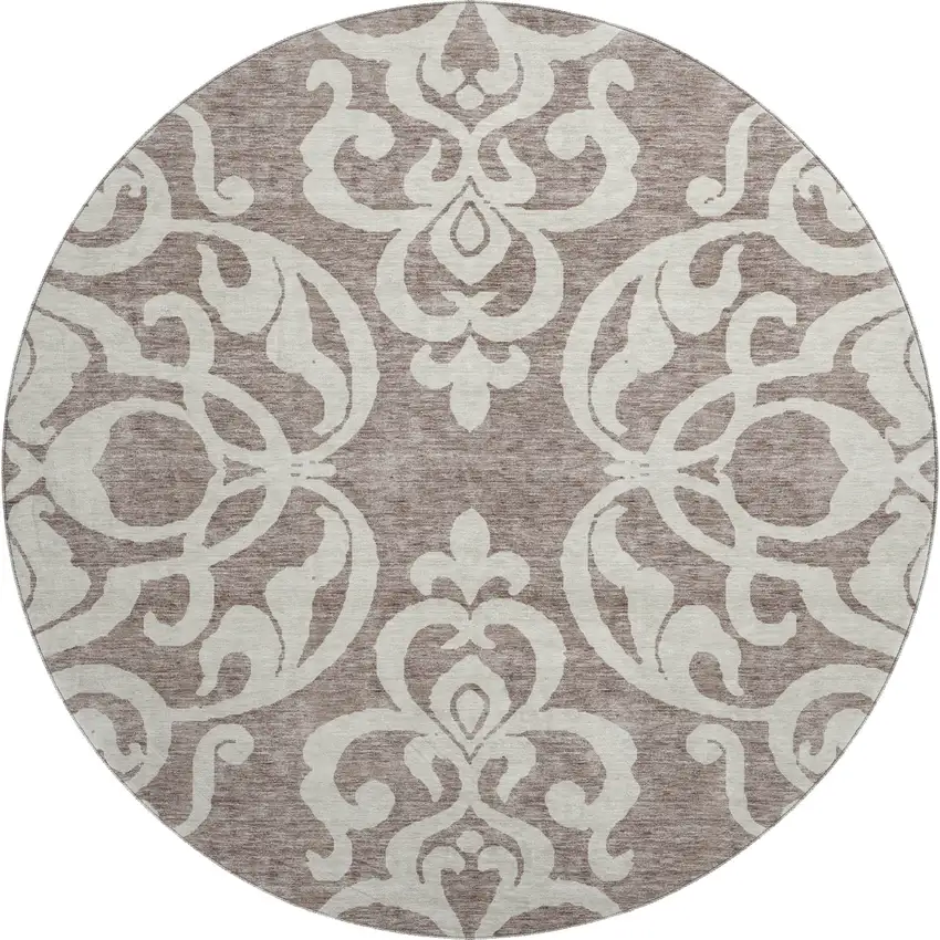 8' Taupe And Ivory Damask Washable Round Rug With UV Protection Photo 1