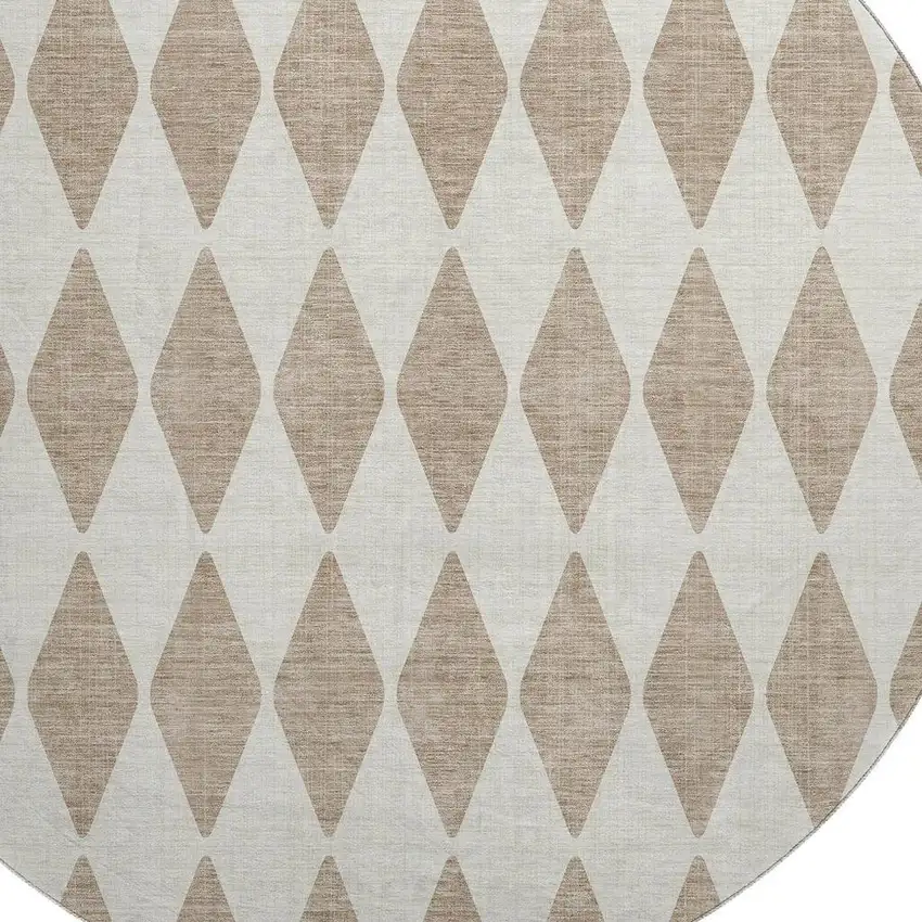 8' Taupe And Ivory Diamond Washable Round Rug With UV Protection Photo 3