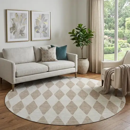 8' Taupe And Ivory Diamond Washable Round Rug With UV Protection Photo 1