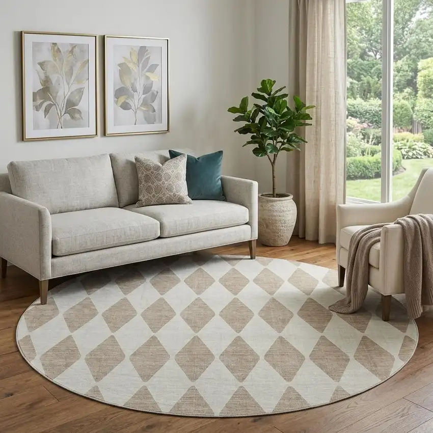 8' Taupe And Ivory Diamond Washable Round Rug With UV Protection Photo 1