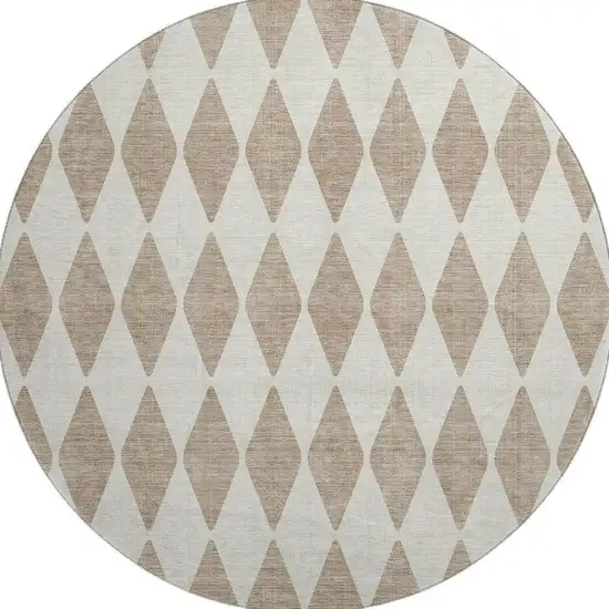 8' Taupe And Ivory Diamond Washable Round Rug With UV Protection Photo 4