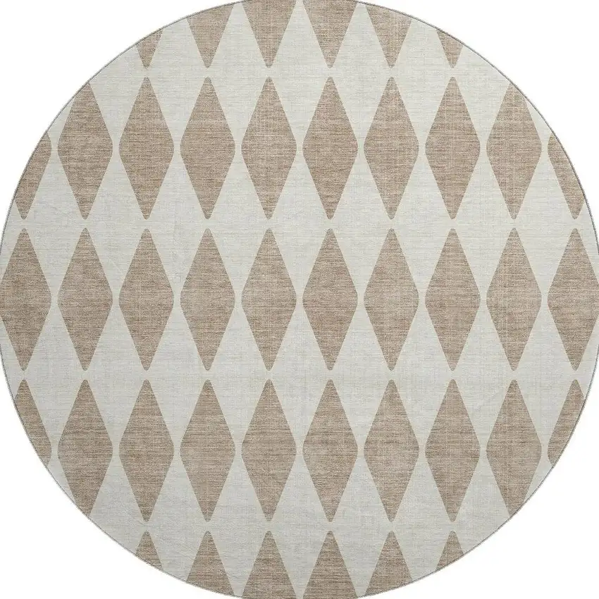8' Taupe And Ivory Diamond Washable Round Rug With UV Protection Photo 4