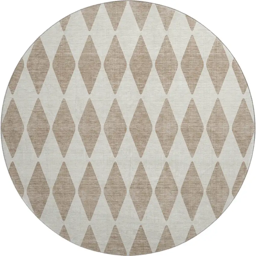 8' Taupe And Ivory Diamond Washable Round Rug With UV Protection Photo 1