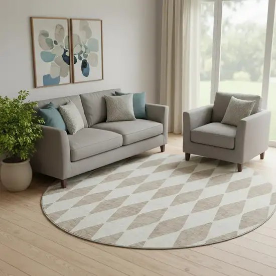 8' Taupe And Ivory Diamond Washable Round Rug With UV Protection Photo 1