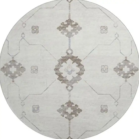 8' Taupe And Ivory Floral Medallion Washable Round Rug With UV Protection Photo 4