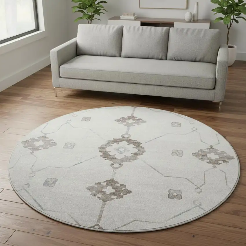 8' Taupe And Ivory Floral Medallion Washable Round Rug With UV Protection Photo 1
