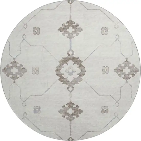 8' Taupe And Ivory Floral Medallion Washable Round Rug With UV Protection Photo 2
