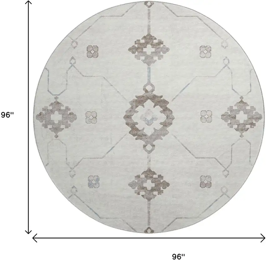 8' Taupe And Ivory Floral Medallion Washable Round Rug With UV Protection Photo 3