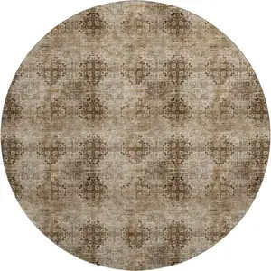Photo of 8' Taupe And Ivory Floral Medallion Washable Round Rug With UV Protection