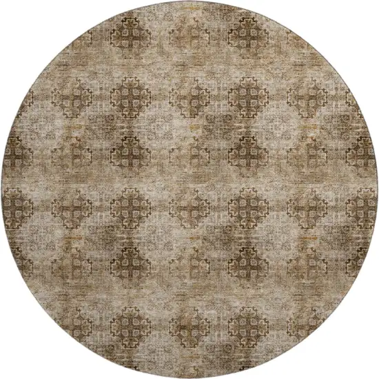 8' Taupe And Ivory Floral Medallion Washable Round Rug With UV Protection Photo 1