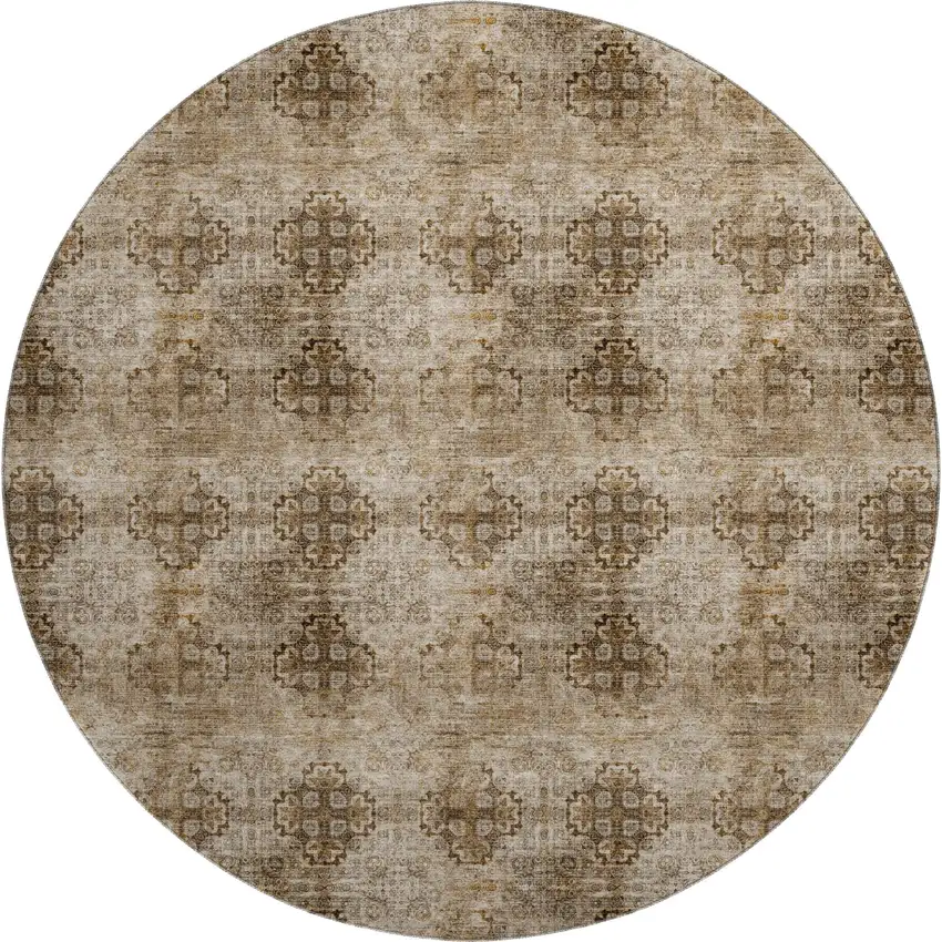 8' Taupe And Ivory Floral Medallion Washable Round Rug With UV Protection Photo 1