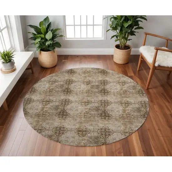 8' Taupe And Ivory Floral Medallion Washable Round Rug With UV Protection Photo 2