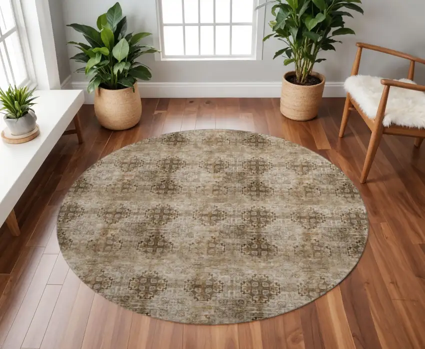 8' Taupe And Ivory Floral Medallion Washable Round Rug With UV Protection Photo 2