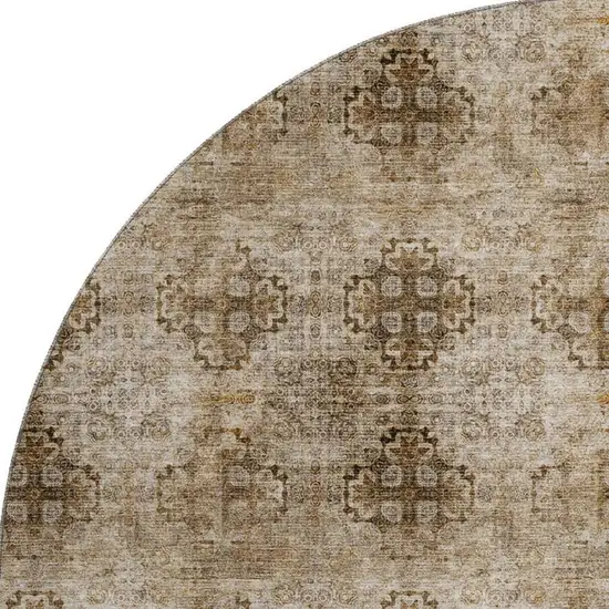 8' Taupe And Ivory Floral Medallion Washable Round Rug With UV Protection Photo 4