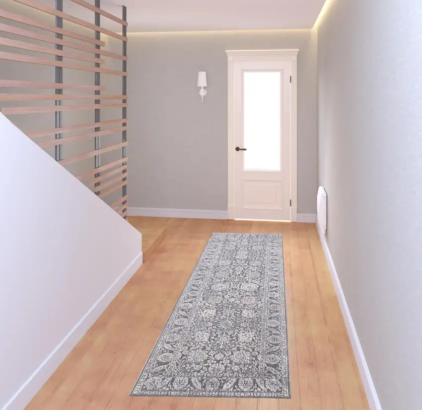 8' Taupe And Ivory Floral Power Loom Runner Rug Photo 2