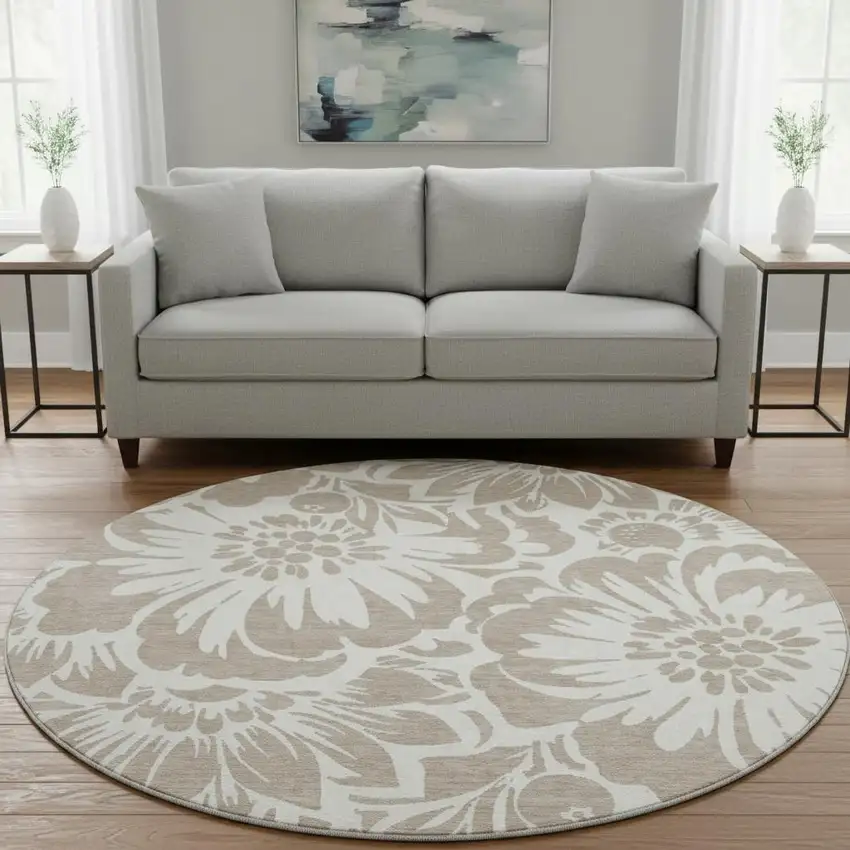 8' Taupe And Ivory Floral Washable Round Rug With UV Protection Photo 1