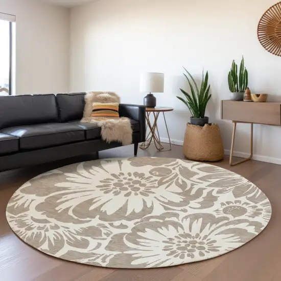 8' Taupe And Ivory Floral Washable Round Rug With UV Protection Photo 5