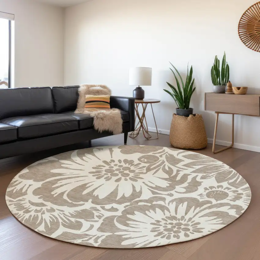8' Taupe And Ivory Floral Washable Round Rug With UV Protection Photo 5
