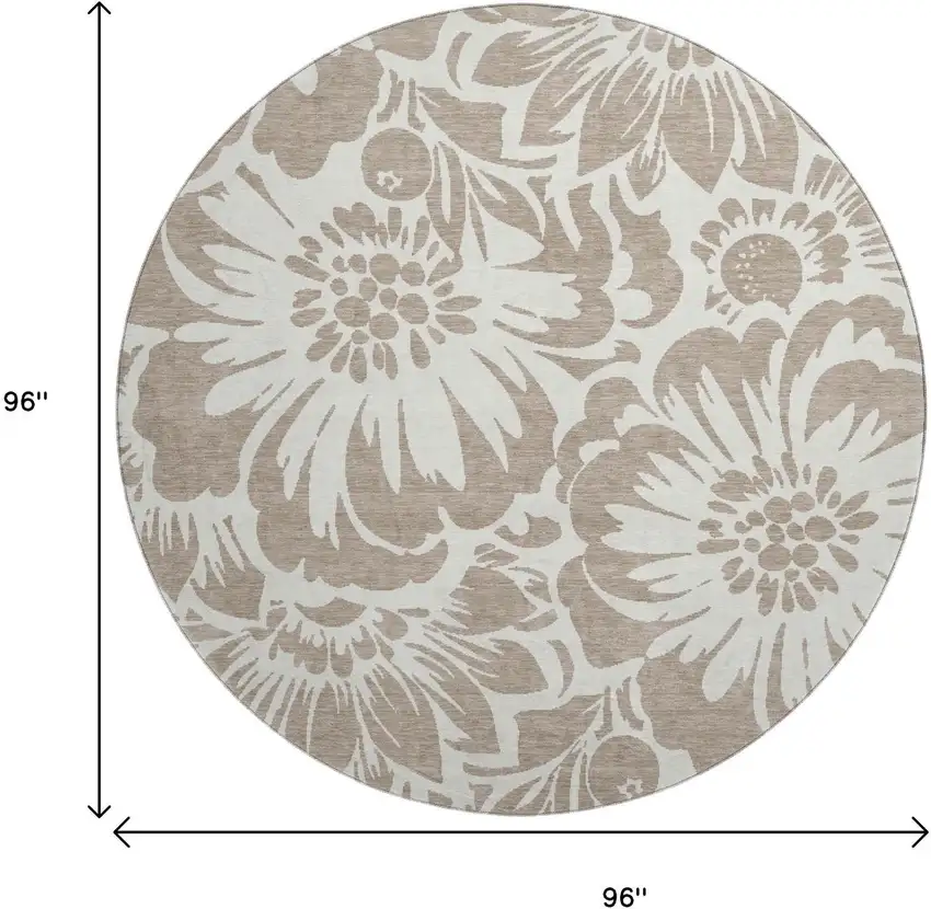 8' Taupe And Ivory Floral Washable Round Rug With UV Protection Photo 3