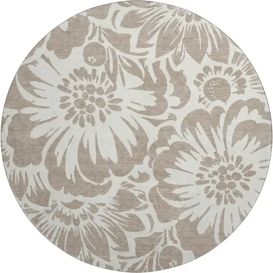 8' Taupe And Ivory Floral Washable Round Rug With UV Protection Photo 1