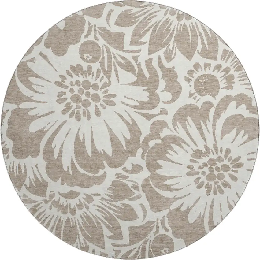 8' Taupe And Ivory Floral Washable Round Rug With UV Protection Photo 1