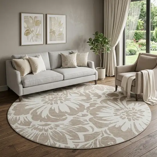 8' Taupe And Ivory Floral Washable Round Rug With UV Protection Photo 1