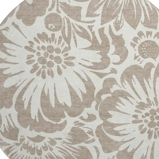 8' Taupe And Ivory Floral Washable Round Rug With UV Protection Photo 3