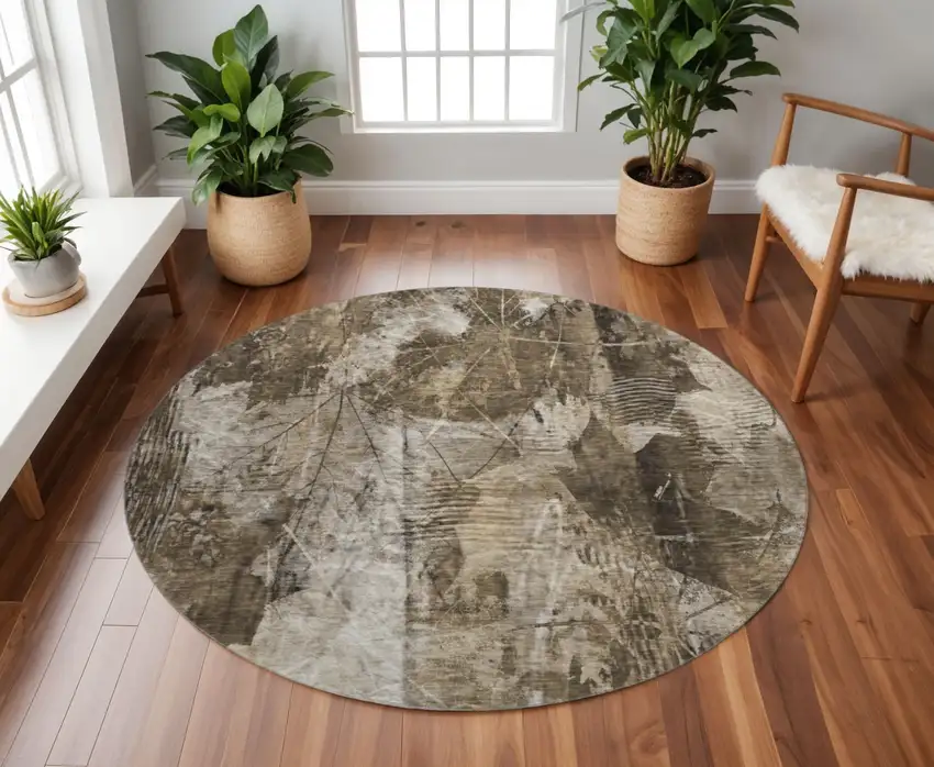 8' Taupe And Ivory Floral Washable Round Rug With UV Protection Photo 2