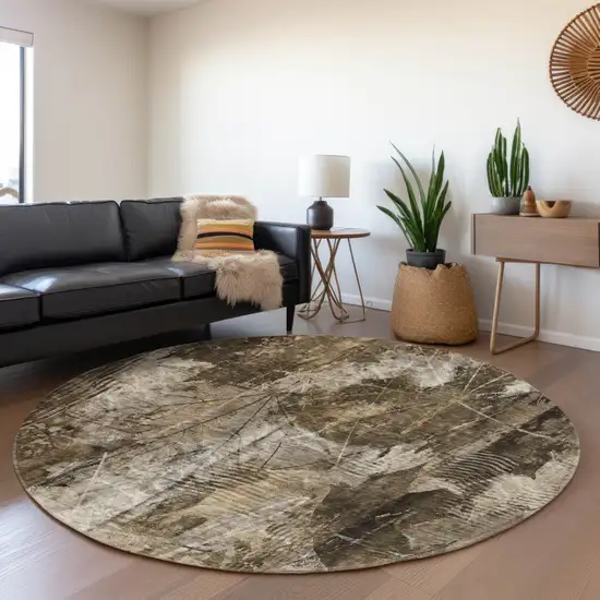 8' Taupe And Ivory Floral Washable Round Rug With UV Protection Photo 5