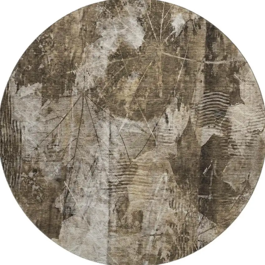 8' Taupe And Ivory Floral Washable Round Rug With UV Protection Photo 4