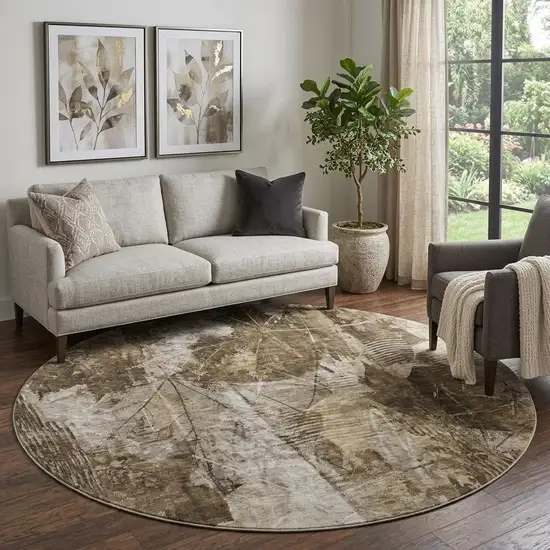 8' Taupe And Ivory Floral Washable Round Rug With UV Protection Photo 1
