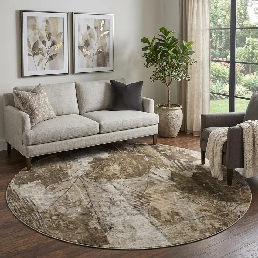 8' Taupe And Ivory Floral Washable Round Rug With UV Protection Photo 1