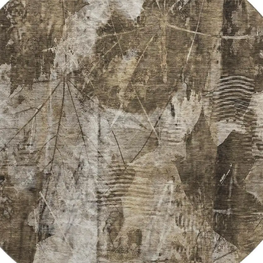 8' Taupe And Ivory Floral Washable Round Rug With UV Protection Photo 3