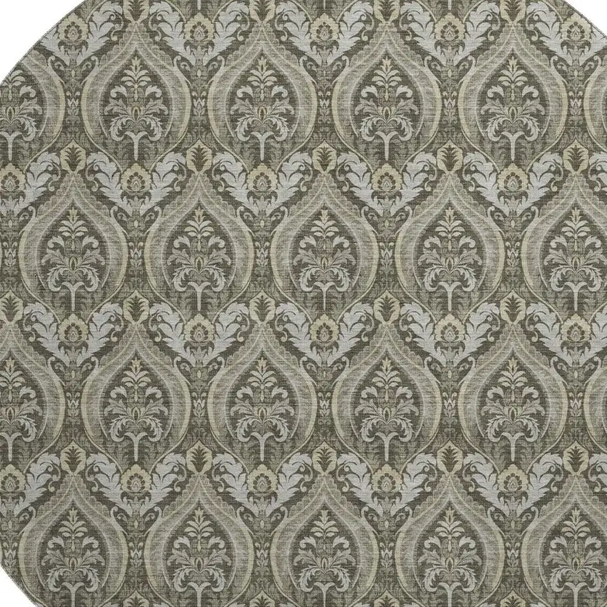 8' Taupe And Ivory Floral Washable Round Rug With UV Protection Photo 2