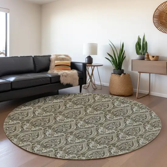 8' Taupe And Ivory Floral Washable Round Rug With UV Protection Photo 4